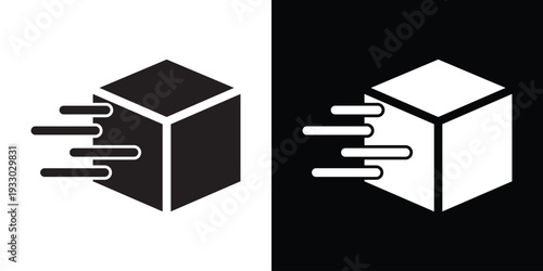 Vector icon of a fast-moving 3D cube or parcel with motion lines. Symbol for express delivery, logistics, shipping services, and quick distribution in black and white graphic styles.