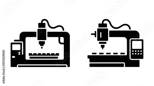 A minimalist vector graphic illustration of two CNC milling machines in black silhouette