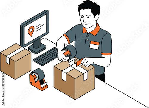 Warehouse employee sealing cardboard boxes for shipping, minimalist isometric vector illustration of ecommerce packaging and logistics workflow