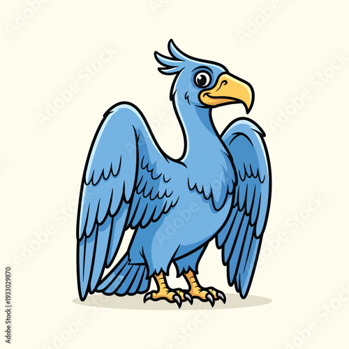 A cartoon bird, predominantly blue, with yellow beak and talons, spreads its wings on a cream-colored background, showcasing a bold outline