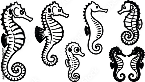 Vector seahorse icon set black and white stylized side view pair and single curled tail decorative marine motifs ornamental silhouette