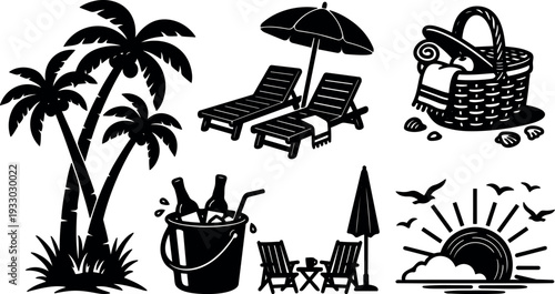 Silhouette vector beach icon set palm trees lounge chairs umbrella picnic basket sunset bucket with drinks table seaside ocean view