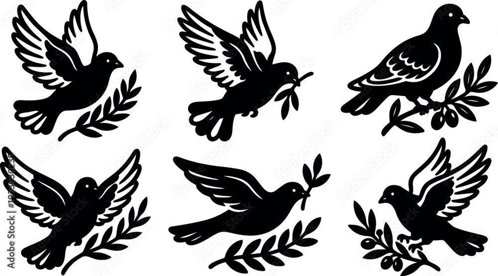 Obraz premium Minimalist vector dove icons carrying olive branches in various poses front view flying and perched silhouette set peaceful white symbol