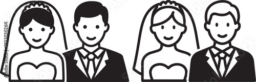 Simple icons of bride and groom, representing wedding, marriage, couples, and matrimony.