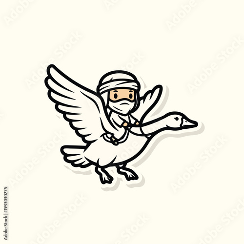 A cartoon character wearing a head covering and face mask rides on a flying goose. It has a shadow for a 3D effect
