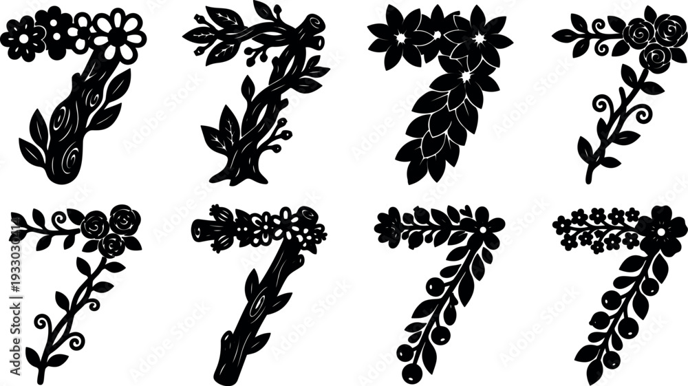 Fototapeta premium Silhouette floral seven number icons set decorative corner elements with branches leaves roses and blossoms in bold vector black ornamental