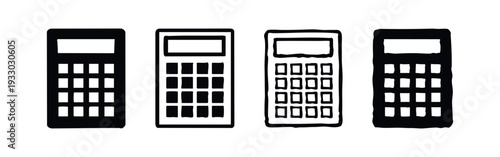Flat calculator icons set. Finance and accounting vector symbols in black silhouette for math and budget.
