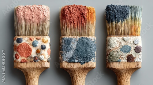 Close-up of paintbrushes with colorful paint droplets, studio shot showcasing art supplies and creative process for design projects.