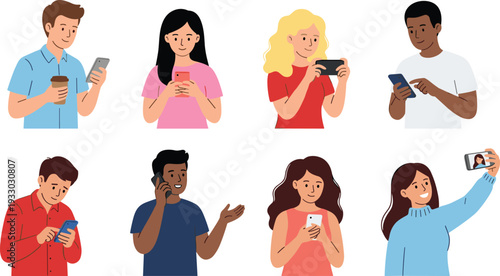 People using smartphones and mobile devices illustration set showing texting, calling, gaming and selfie activities in modern flat design style