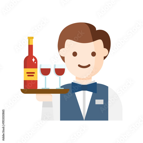 Waiter holding a tray with a wine bottle and two glasses of wine.