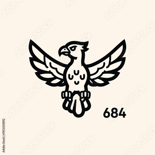 A black and white stylized illustration depicts a bird of prey with wings spread against a cream background. Numbers are at the bottom