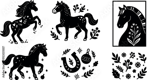 Whimsical silhouette horse set with floral motifs horseshoe and ornament icons in bold minimal vector art featuring prancing mare christmas