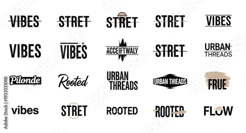 Collection of various brand logos and text designs in black and white, showcasing diverse typography styles.