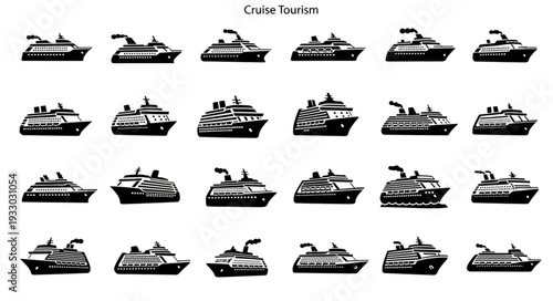 Collection of various cruise ships in a row, showcasing different designs and sizes for travel.