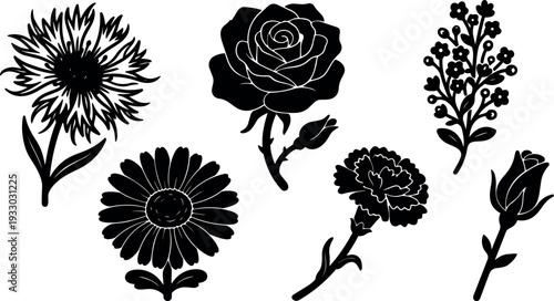 Flat design close up floral silhouettes rose carnation daisy wildflower bud assorted stems isolated minimal vector art black on white