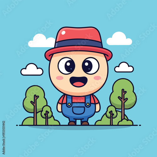 A cartoon character wearing a red hat and blue overalls stands in a park scene with trees and clouds against a light-blue background