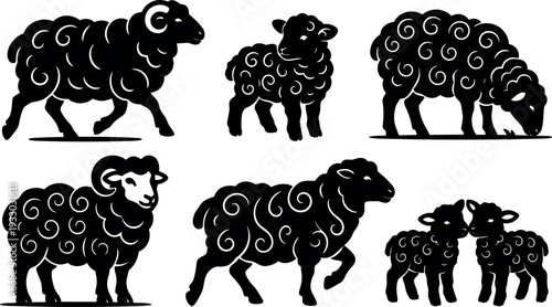 Vector silhouette sheep with decorative swirl wool patterns various poses close up and grazing black folk art lambs side view
