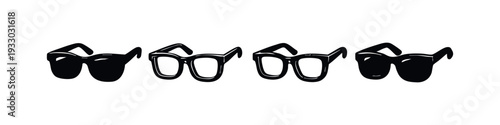 Assortment of hand-drawn eyeglasses and spectacles icons, black silhouettes and outlines in an angled perspective.