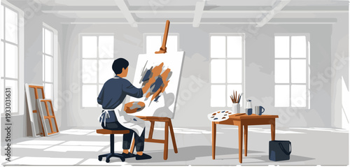 Artist creating artwork on canvas in a bright and spacious studio with natural light pouring in