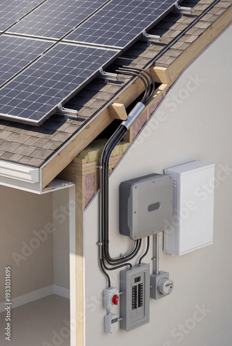 Residential solar power cutaway with rooftop PV array, inverter, and battery storage for home energy independence.