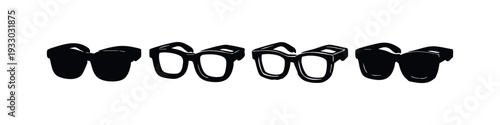 Collection of hand-drawn eyeglasses and spectacles icons, black silhouettes and outlines in an angled view.