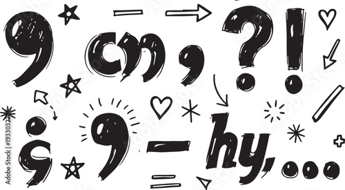 A diverse collection of black ink-style hand-drawn punctuation marks, arrows, stars, and hearts with sketchy highlights on a white background.