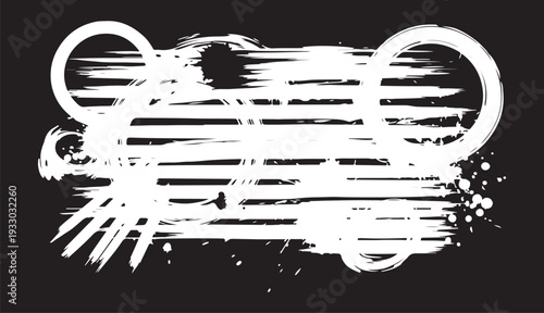 A high-contrast abstract design featuring horizontal white grunge brush strokes and circular outlines on a solid black background.
