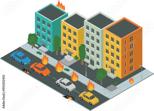 Isometric city street fire emergency scene, burning buildings and cars in urban disaster illustration with flames and damage