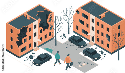 Isometric earthquake damaged residential buildings, urban disaster scene with cracked walls, debris and abandoned cars illustration