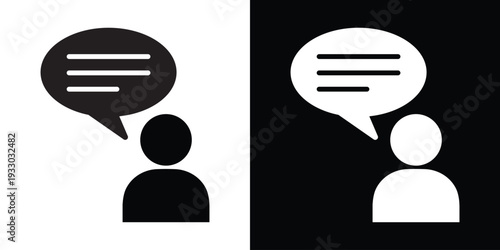 Minimalist vector icon of a person with a round thought bubble containing three dots. Represents thinking, processing, internal dialogue, and psychological reflection in a clean flat style.