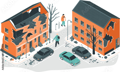 Isometric earthquake damaged buildings scene, urban disaster destruction with cracked walls, debris and abandoned cars illustration