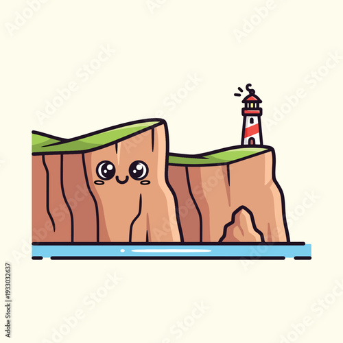 A cartoon cliff face with an anthropomorphic face, topped with a lighthouse, situated above a body of water. Cheerful style