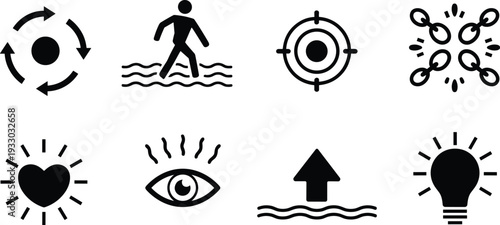 Minimalist black and white icon set, abstract symbols including recycle walk target heart eye upload idea vector collection
