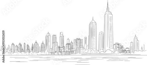 Modern city skyline line art, black and white urban panorama illustration with skyscrapers waterfront minimalist outline drawing