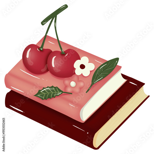 Stacked books topped with cherries