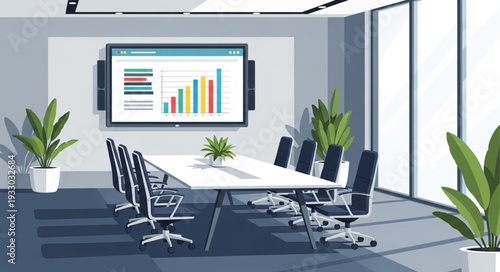 Modern conference room with a large screen displaying business charts and graphs for presentations.