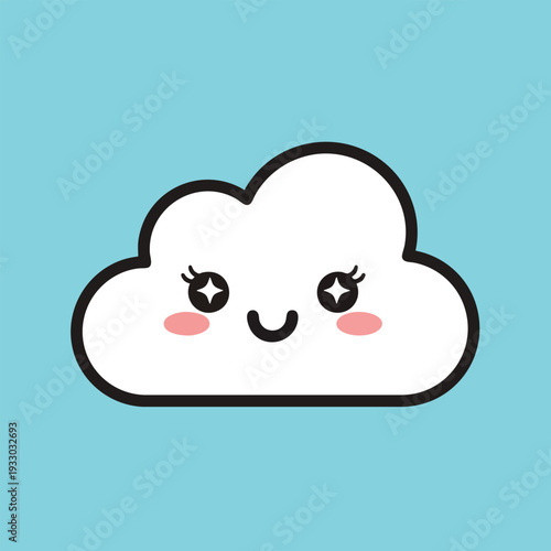A cartoon cloud illustration against a light blue background. The cloud is white with a thick black outline, rosy cheeks, and sparkling star eyes