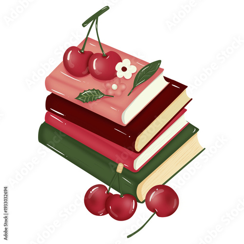 Stacked books topped with cherries