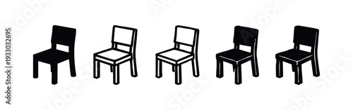 Set of minimalist chair icons in solid and outline styles with isometric view, isolated on white