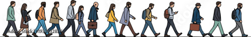 Diverse group of people walking in a line carrying bags and briefcases in a busy urban environment from a side viewpoint