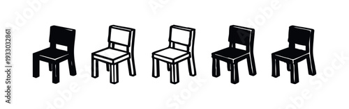 Collection of simple chair vector icons in solid and outline form, presented with slight perspective