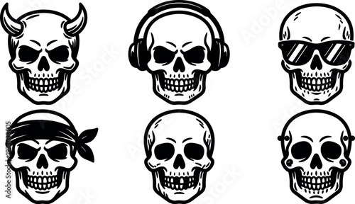 Tattoo flash skull icons six variations close up front view wearing headphones sunglasses bandana horns and piercings bold linework edgy
