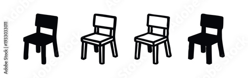 Four modern chair icons set, including solid black and outline isometric illustrations