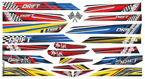 Colorful racing car decals with drift text and checkered flags for vehicle customization.