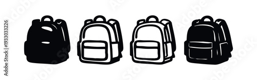 Collection of backpack vector icons in solid and outline isometric styles, isolated on white
