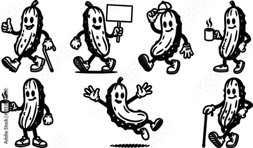 Retro cartoon mascot style pickle characters in playful poses holding sign cup cane walking jumping waving smiling black and white