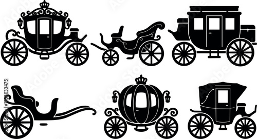 Silhouette vector vintage horse drawn carriages set showing ornate coach up side view decorative royal pumpkin coach with lanterns wheels