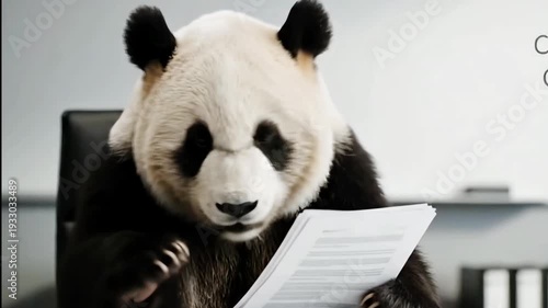 Panda Bear Employee Reviewing Important Documents In Office