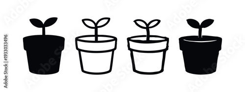 Set of four potted plant icons in solid and outline styles for growth, nature, and gardening themes