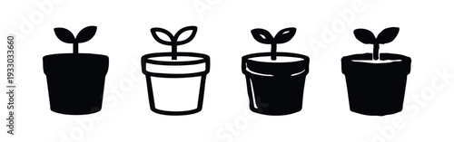 Four hand-drawn style plant sprout in pot icons for growth and nature concepts on white background